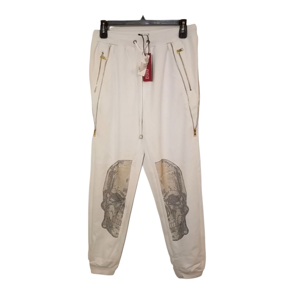Men's Drawstring Elastic Waist Joggers with Sequin Skull Knee Patches